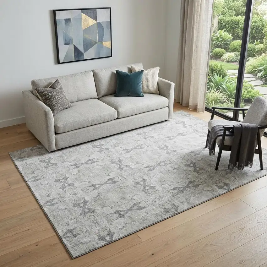 Ivory And Gray Floral Medallion Washable Area Rug With UV Protection Photo 1