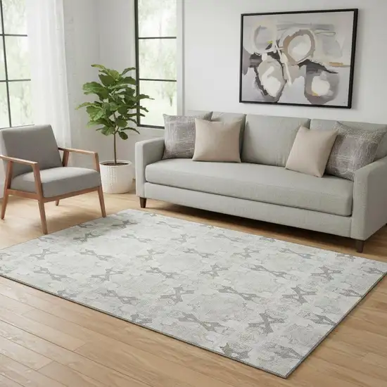 Ivory And Gray Floral Medallion Washable Area Rug With UV Protection Photo 1