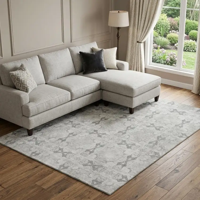 Ivory And Gray Floral Medallion Washable Area Rug With UV Protection Photo 1