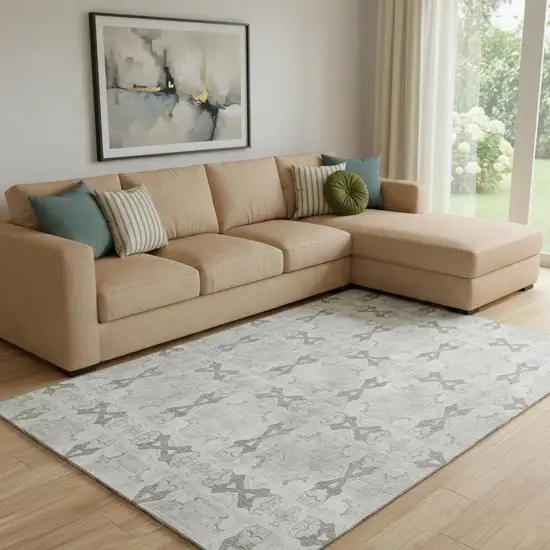 Ivory And Gray Floral Medallion Washable Area Rug With UV Protection Photo 1