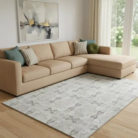 Ivory And Gray Floral Medallion Washable Area Rug With UV Protection Photo 1