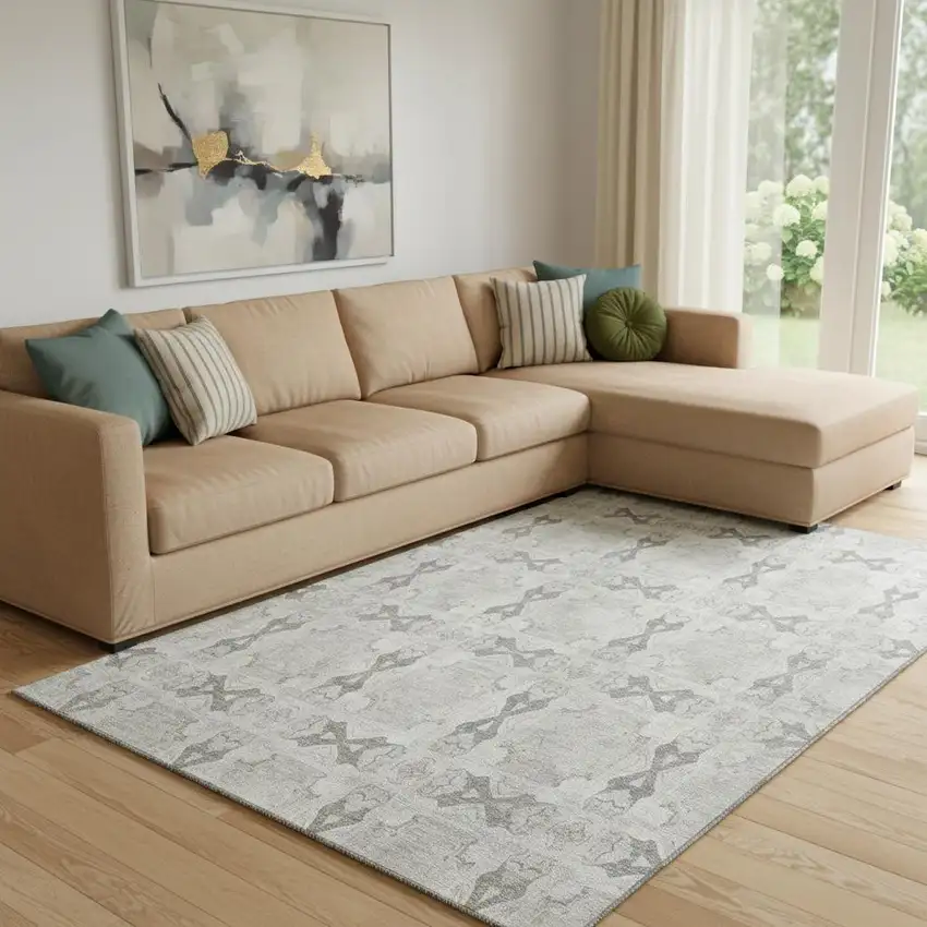 Ivory And Gray Floral Medallion Washable Area Rug With UV Protection Photo 1