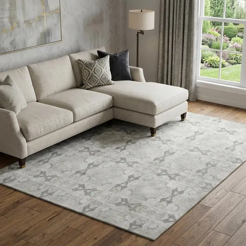 Ivory And Gray Floral Medallion Washable Area Rug With UV Protection Photo 1