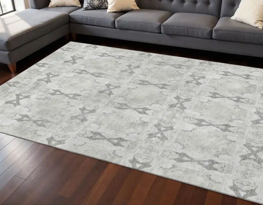 Ivory And Gray Floral Medallion Washable Area Rug With UV Protection Photo 2