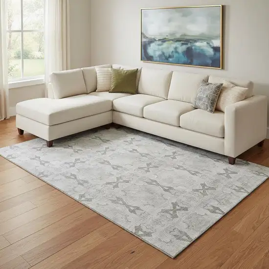 Ivory And Gray Floral Medallion Washable Area Rug With UV Protection Photo 1