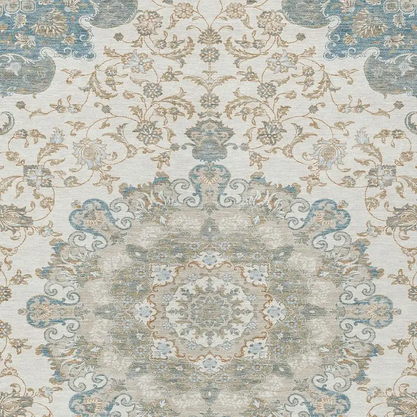 Ivory And Gray Floral Medallion Washable Indoor Outdoor Area Rug Photo 3