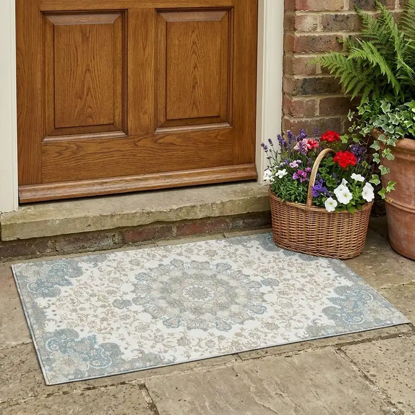 Ivory And Gray Floral Medallion Washable Indoor Outdoor Area Rug Photo 1