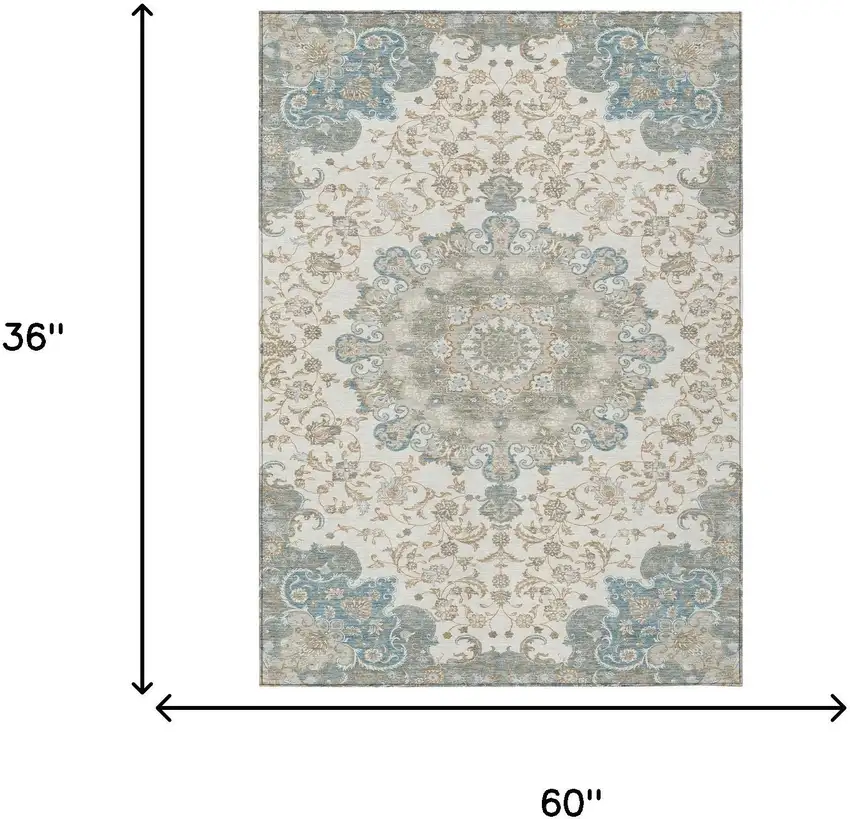 Ivory And Gray Floral Medallion Washable Indoor Outdoor Area Rug Photo 7