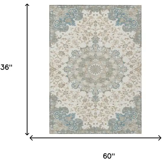 Ivory And Gray Floral Medallion Washable Indoor Outdoor Area Rug Photo 7