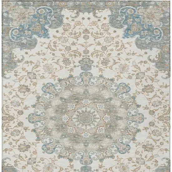 Ivory And Gray Floral Medallion Washable Indoor Outdoor Area Rug Photo 4