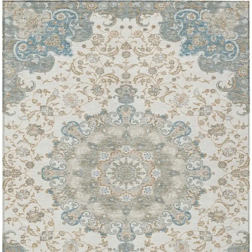 Ivory And Gray Floral Medallion Washable Indoor Outdoor Area Rug Photo 4
