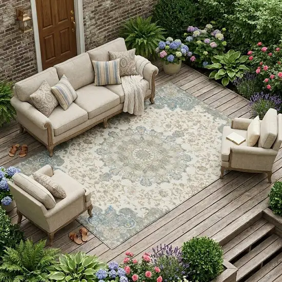 Ivory And Gray Floral Medallion Washable Indoor Outdoor Area Rug Photo 1