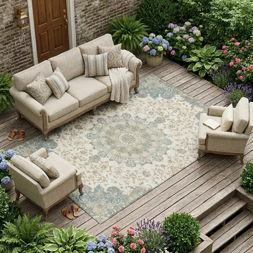Ivory And Gray Floral Medallion Washable Indoor Outdoor Area Rug Photo 1