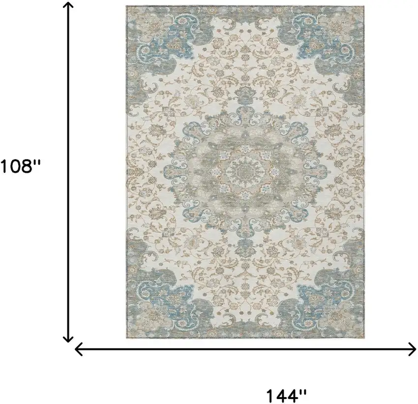 Ivory And Gray Floral Medallion Washable Indoor Outdoor Area Rug Photo 7