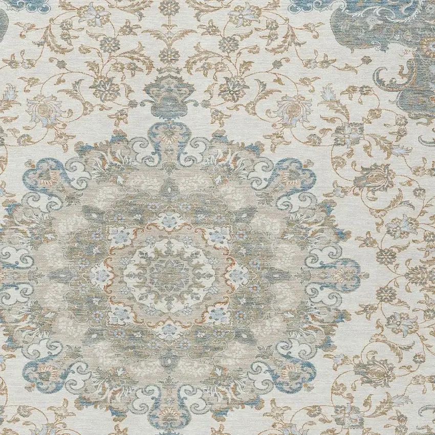Ivory And Gray Floral Medallion Washable Indoor Outdoor Area Rug Photo 3