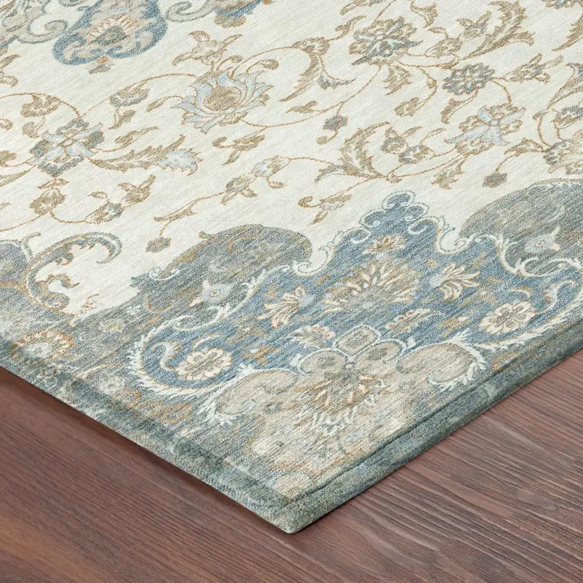 Ivory And Gray Floral Medallion Washable Indoor Outdoor Area Rug Photo 5
