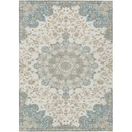 Ivory And Gray Floral Medallion Washable Indoor Outdoor Area Rug Photo 2