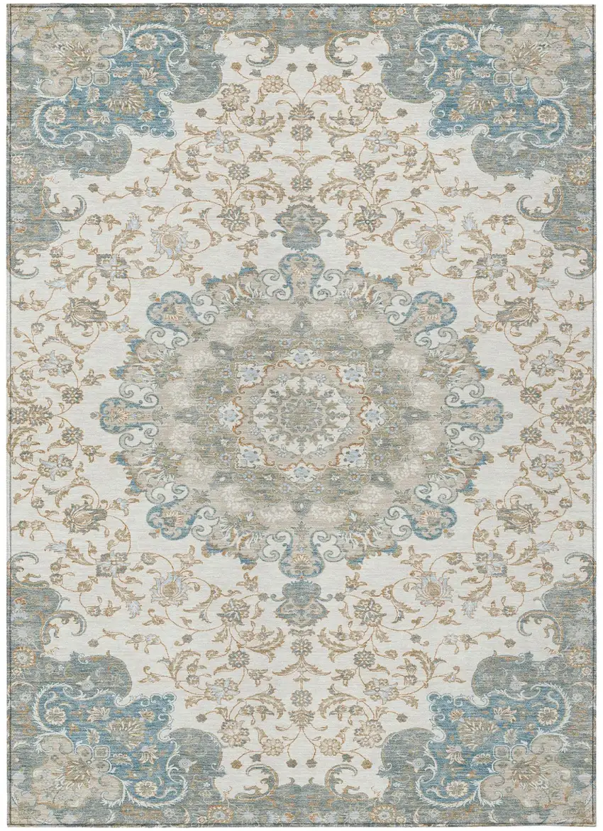 Ivory And Gray Floral Medallion Washable Indoor Outdoor Area Rug Photo 2