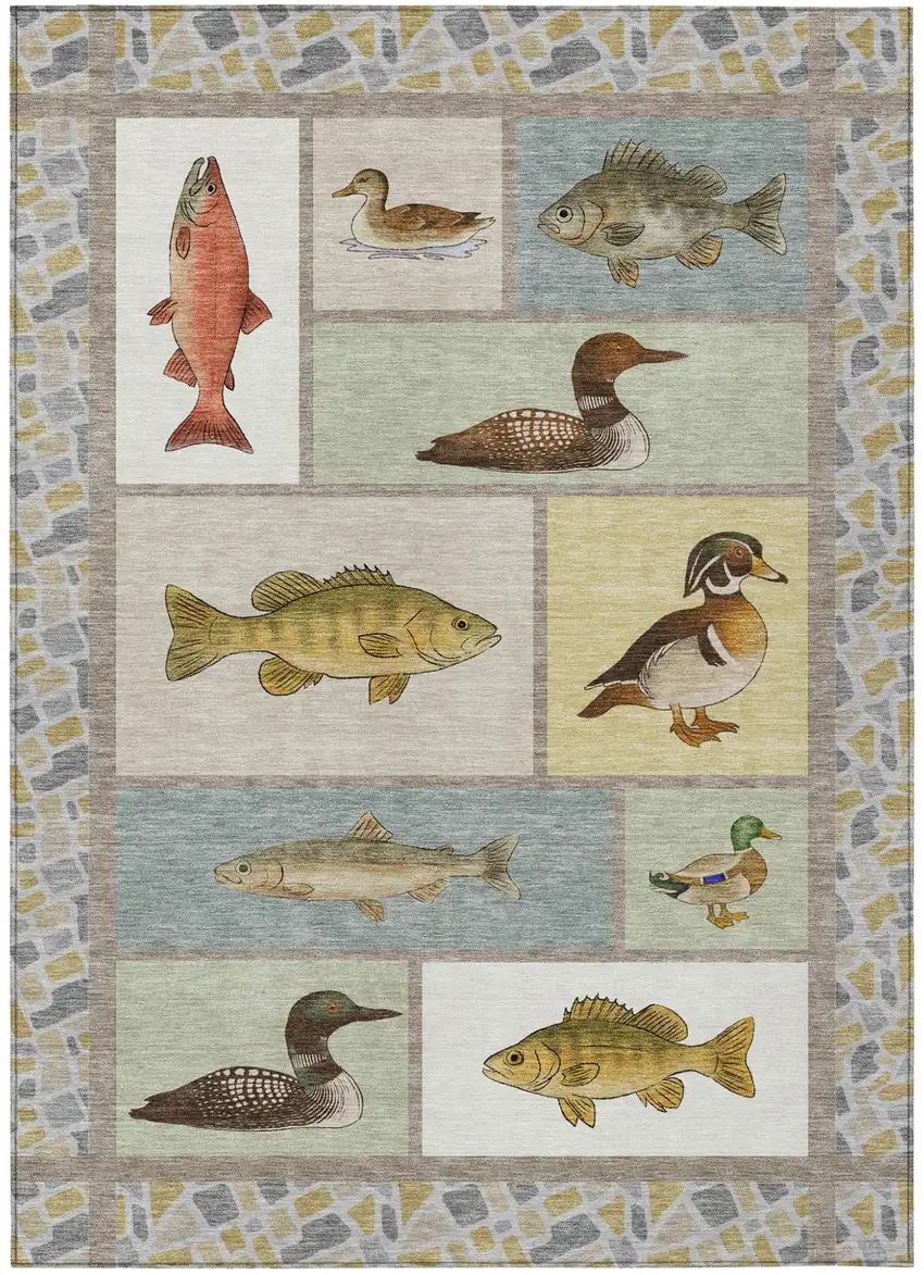 Ivory And Gray Floral Medallion Washable Indoor Outdoor Area Rug Photo 1