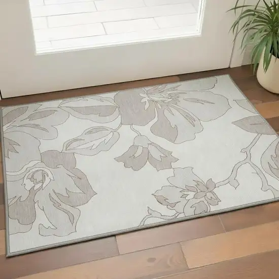 Ivory And Gray Floral Washable Area Rug With UV Protection Photo 2