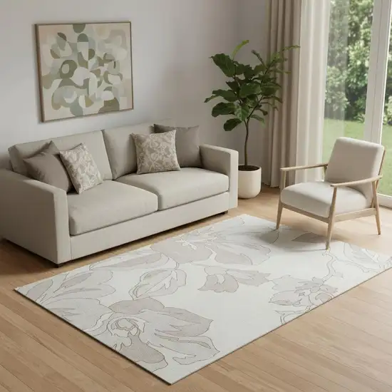 Ivory And Gray Floral Washable Area Rug With UV Protection Photo 1