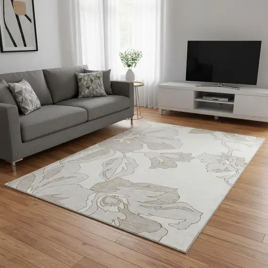 Ivory And Gray Floral Washable Area Rug With UV Protection Photo 2