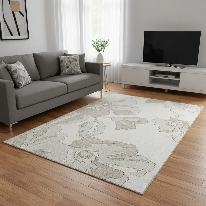 Ivory And Gray Floral Washable Area Rug With UV Protection Photo 2