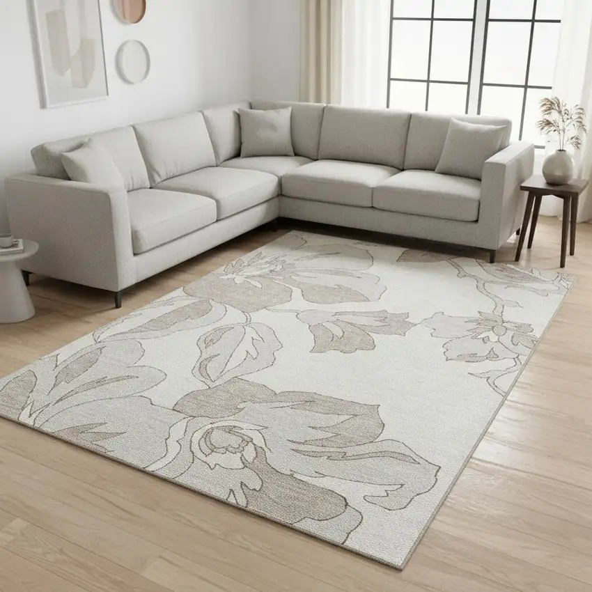 Ivory And Gray Floral Washable Area Rug With UV Protection Photo 2