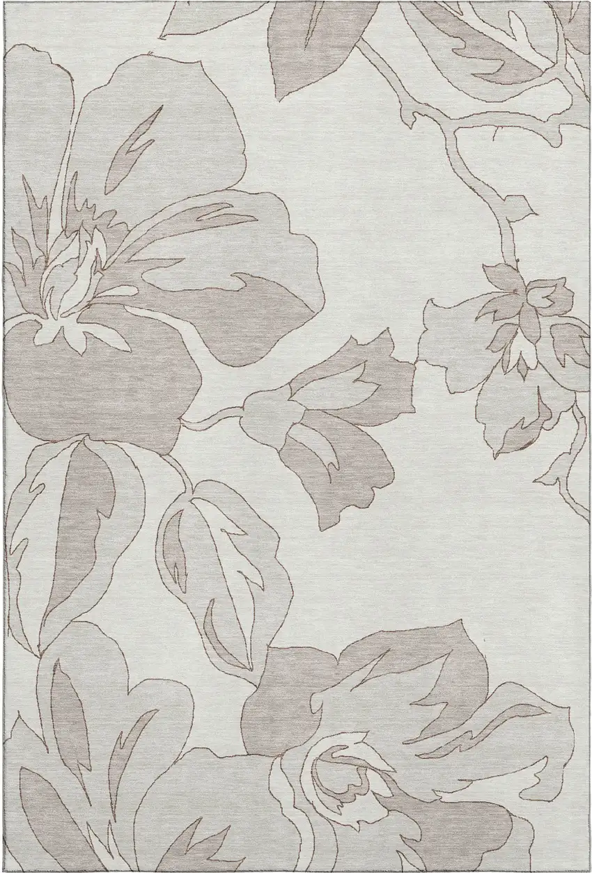 Ivory And Gray Floral Washable Area Rug With UV Protection Photo 1