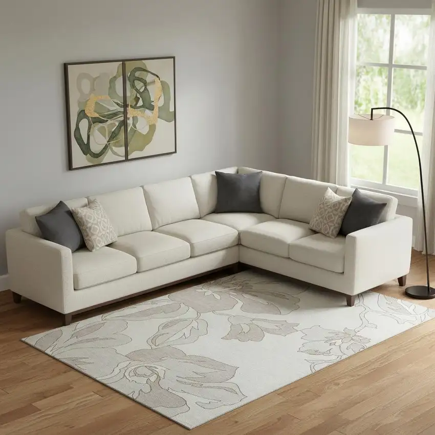 Ivory And Gray Floral Washable Area Rug With UV Protection Photo 1