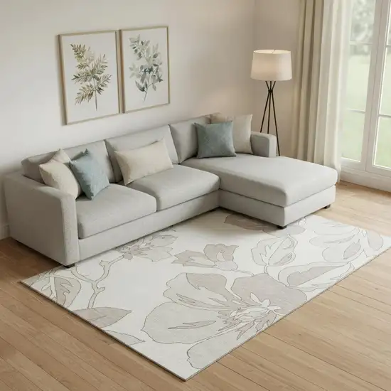 Ivory And Gray Floral Washable Area Rug With UV Protection Photo 1