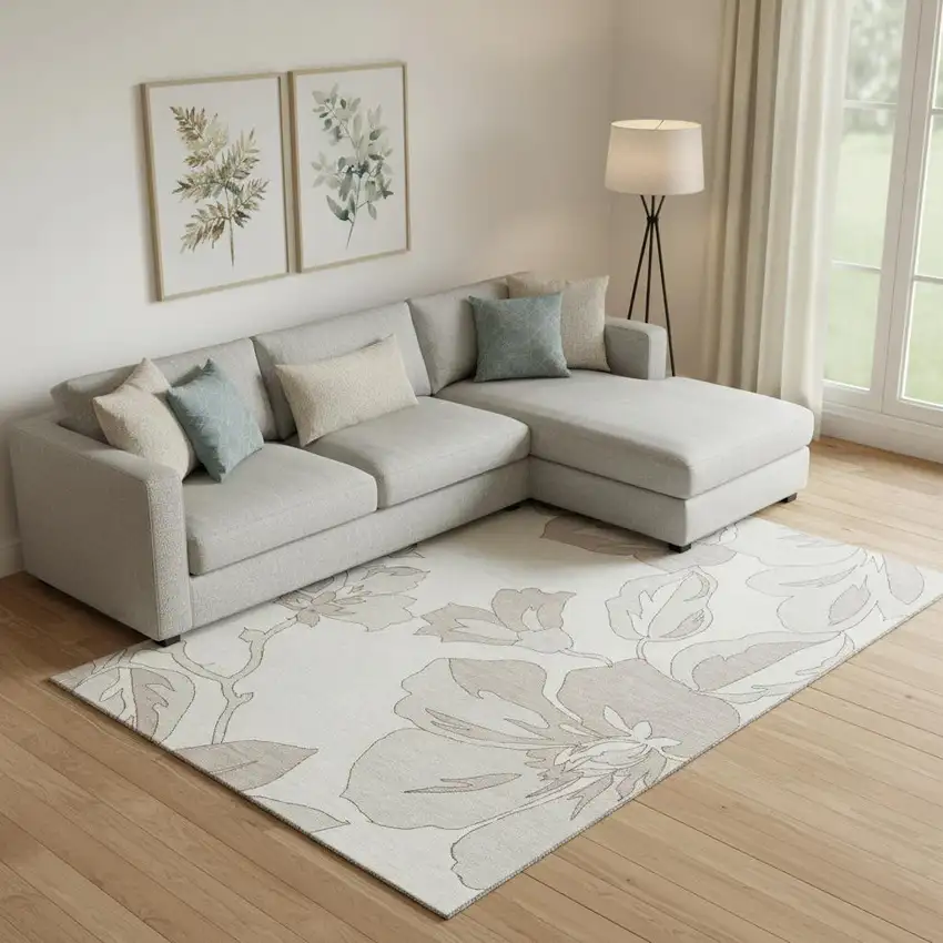 Ivory And Gray Floral Washable Area Rug With UV Protection Photo 1