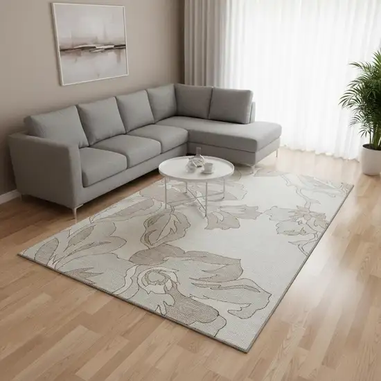 Ivory And Gray Floral Washable Area Rug With UV Protection Photo 2
