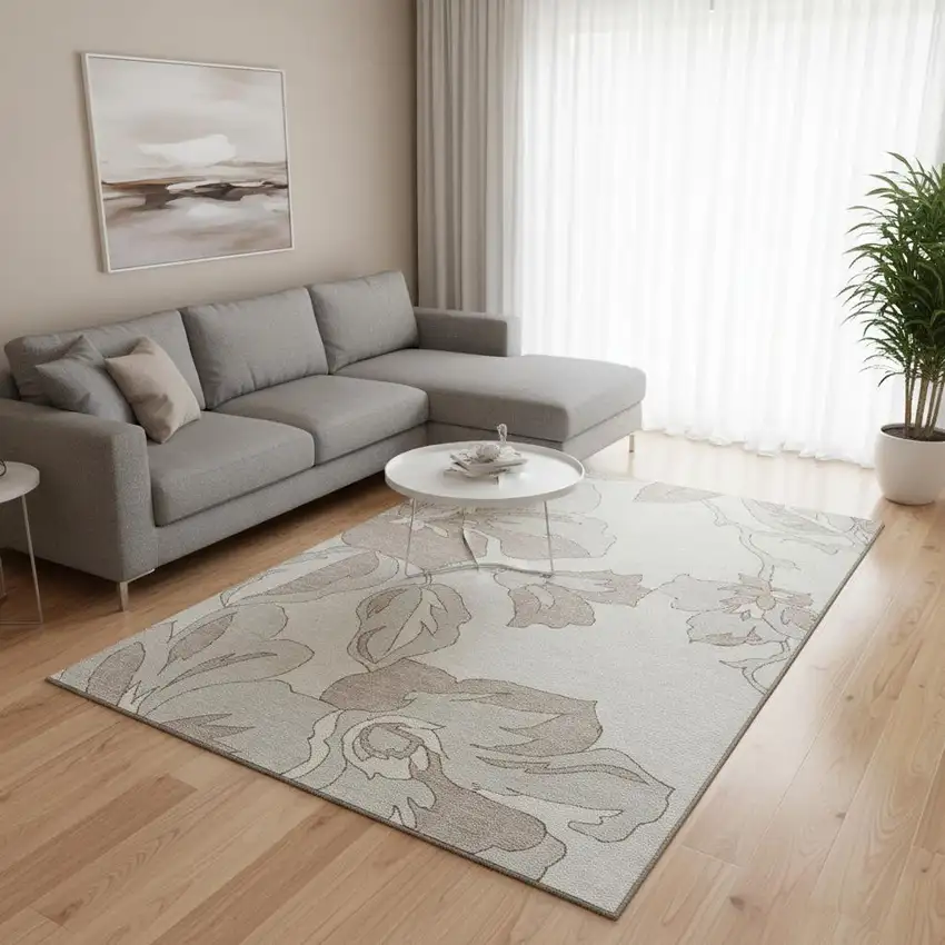 Ivory And Gray Floral Washable Area Rug With UV Protection Photo 2