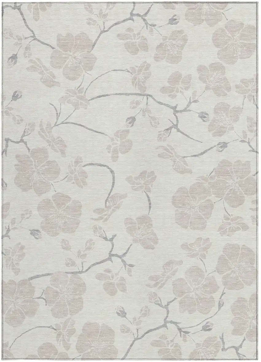 Ivory And Gray Floral Washable Indoor Outdoor Area Rug Photo 6