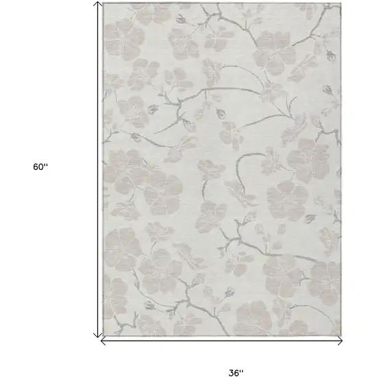 Ivory And Gray Floral Washable Indoor Outdoor Area Rug Photo 3