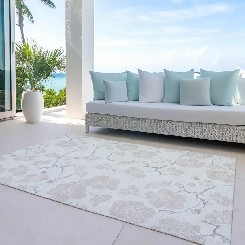 Ivory And Gray Floral Washable Indoor Outdoor Area Rug Photo 9