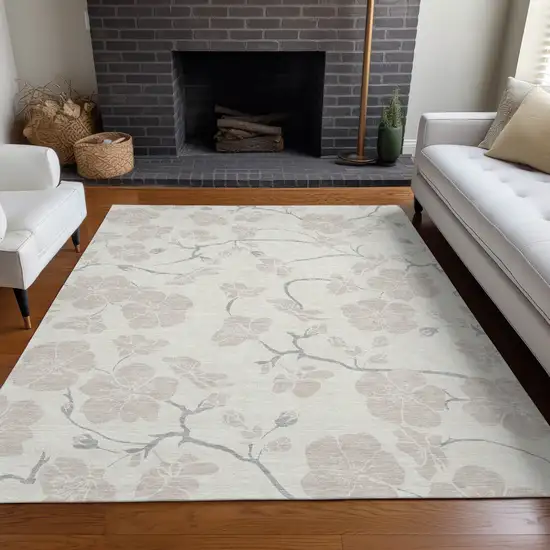 Ivory And Gray Floral Washable Indoor Outdoor Area Rug Photo 9