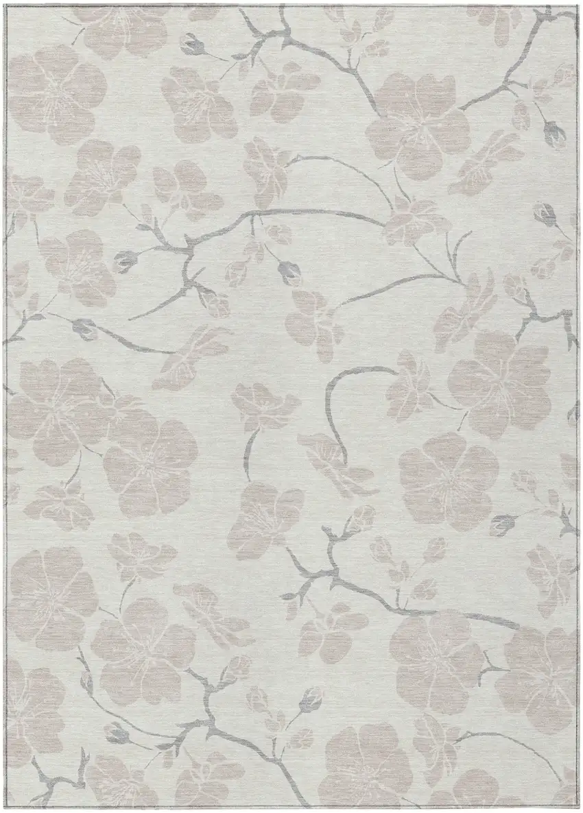 Ivory And Gray Floral Washable Indoor Outdoor Area Rug Photo 2