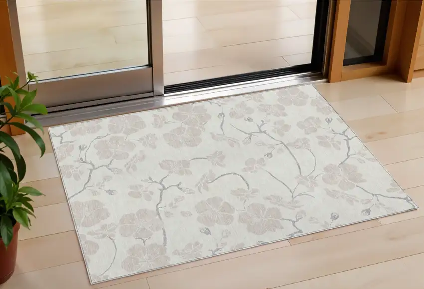 Ivory And Gray Floral Washable Indoor Outdoor Area Rug Photo 1