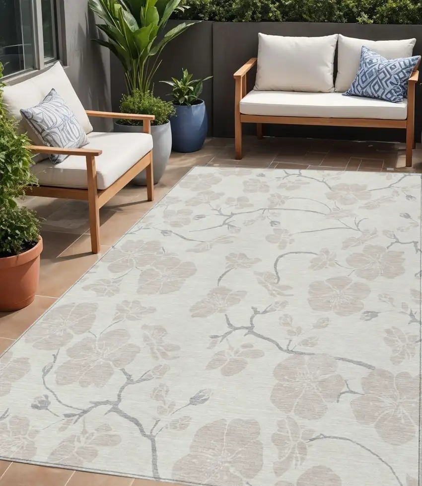 Ivory And Gray Floral Washable Indoor Outdoor Area Rug Photo 1