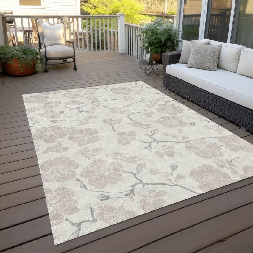 Ivory And Gray Floral Washable Indoor Outdoor Area Rug Photo 6
