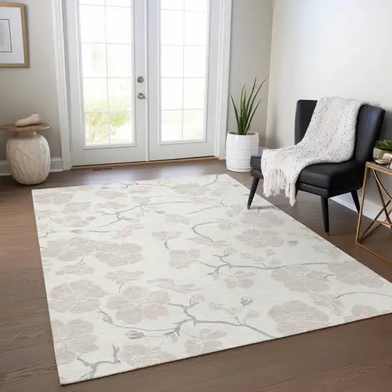 Ivory And Gray Floral Washable Indoor Outdoor Area Rug Photo 9