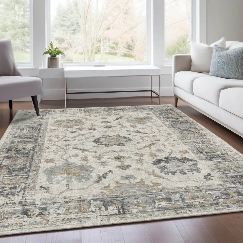 Ivory And Gray Floral Washable Indoor Outdoor Area Rug Photo 7