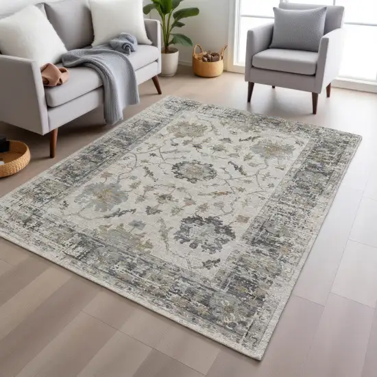 Ivory And Gray Floral Washable Indoor Outdoor Area Rug Photo 6