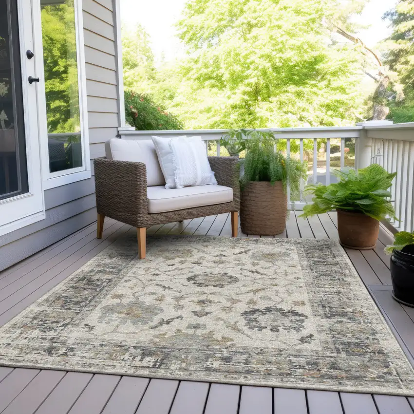 Ivory And Gray Floral Washable Indoor Outdoor Area Rug Photo 8