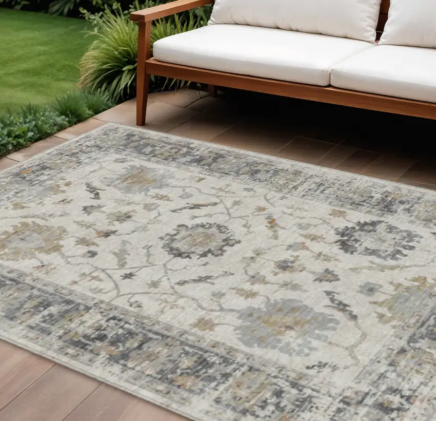 Ivory And Gray Floral Washable Indoor Outdoor Area Rug Photo 2