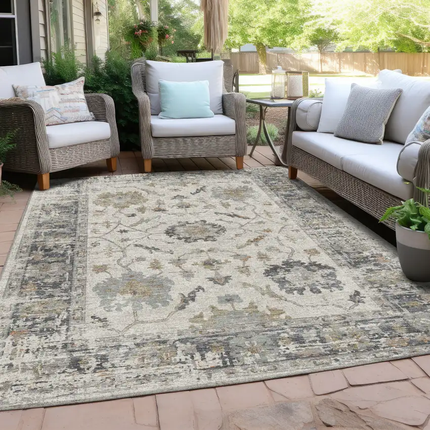 Ivory And Gray Floral Washable Indoor Outdoor Area Rug Photo 5