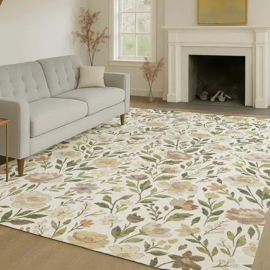 Ivory And Gray Floral Washable Indoor Outdoor Area Rug Photo 6