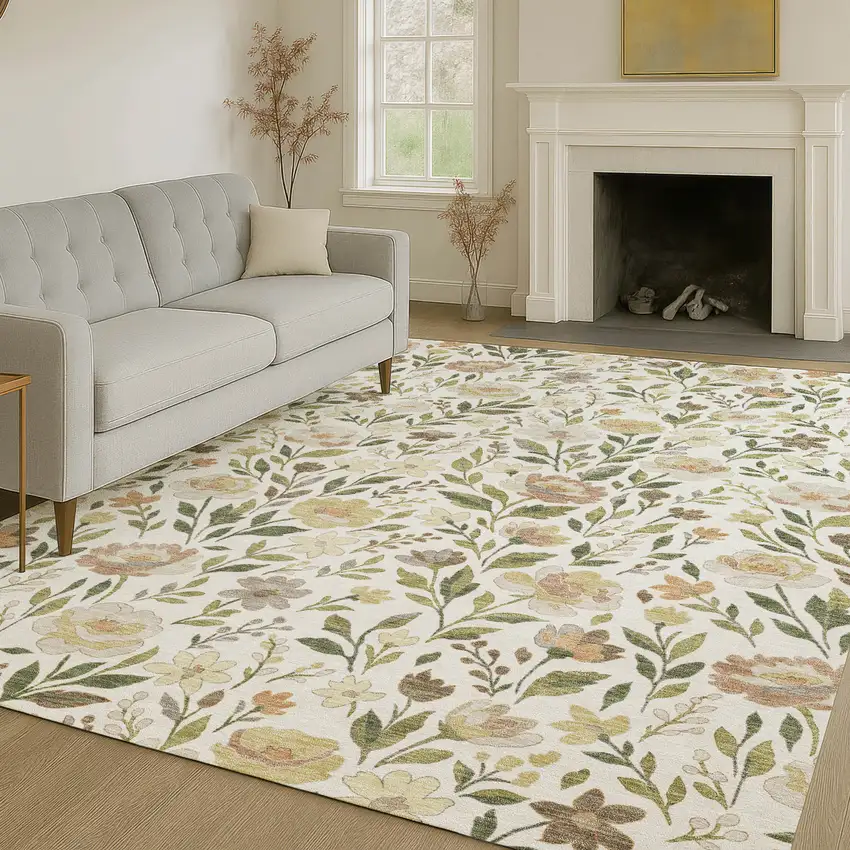 Ivory And Gray Floral Washable Indoor Outdoor Area Rug Photo 6